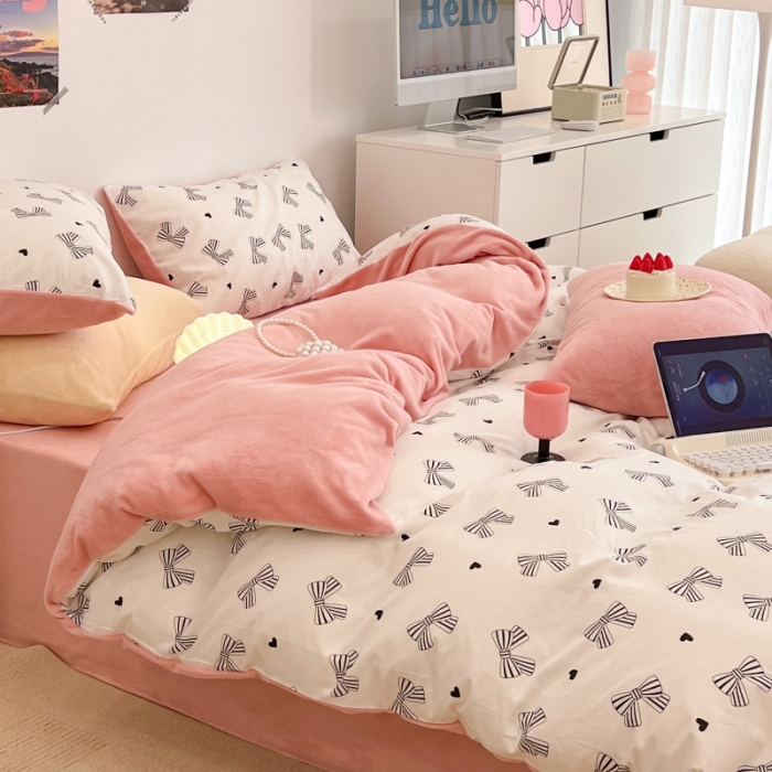 91家纺网 家纺一手货源 找家纺 昔可 2022新款梦幻公主风系列棉加绒印花四件套 赫本蝴蝶结