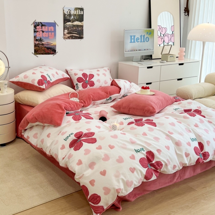 91家纺网 家纺一手货源 找家纺 昔可 2022新款梦幻公主风系列棉加绒印花四件套 花枝俏漫