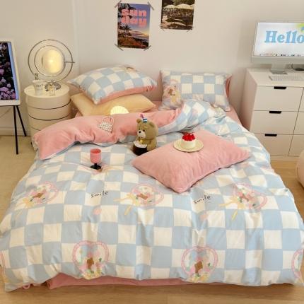 昔可 2022新款梦幻公主风系列棉加绒印花四件套 蓝格爱心熊