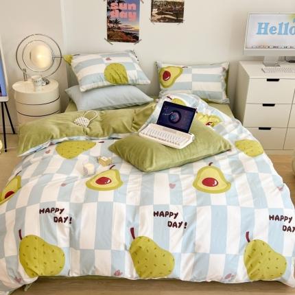 昔可 2022新款梦幻公主风系列棉加绒印花四件套 蓝棋盘绿果