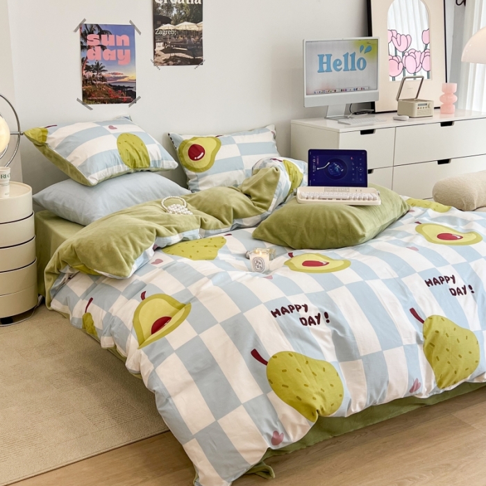 91家纺网 家纺一手货源 找家纺 昔可 2022新款梦幻公主风系列棉加绒印花四件套 蓝棋盘绿果