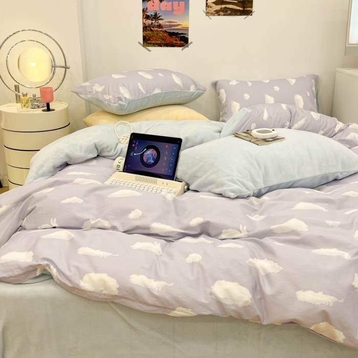 91家纺网 家纺一手货源 找家纺 昔可 2022新款梦幻公主风系列棉加绒印花四件套 蓝云朵