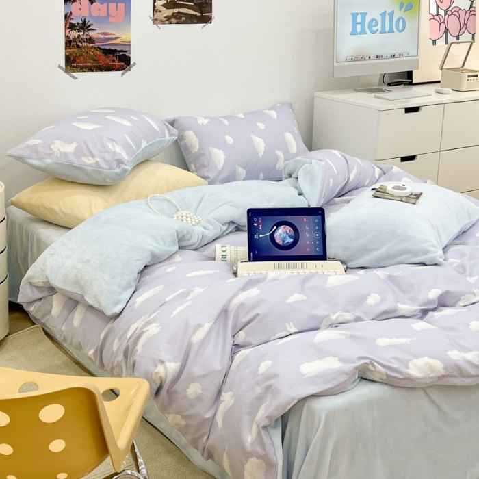 91家纺网 家纺一手货源 找家纺 昔可 2022新款梦幻公主风系列棉加绒印花四件套 蓝云朵