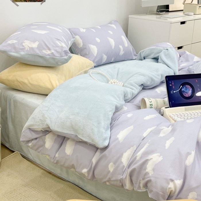 91家纺网 家纺一手货源 找家纺 昔可 2022新款梦幻公主风系列棉加绒印花四件套 蓝云朵