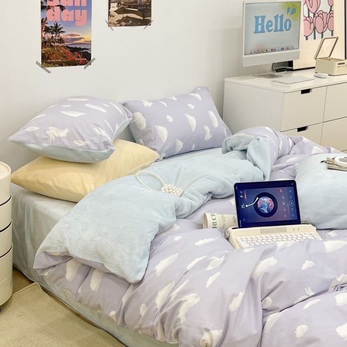 91家纺网 家纺一手货源 找家纺 昔可 2022新款梦幻公主风系列棉加绒印花四件套 蓝云朵