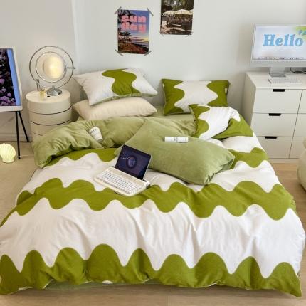 昔可 2022新款梦幻公主风系列棉加绒印花四件套 绿波纹