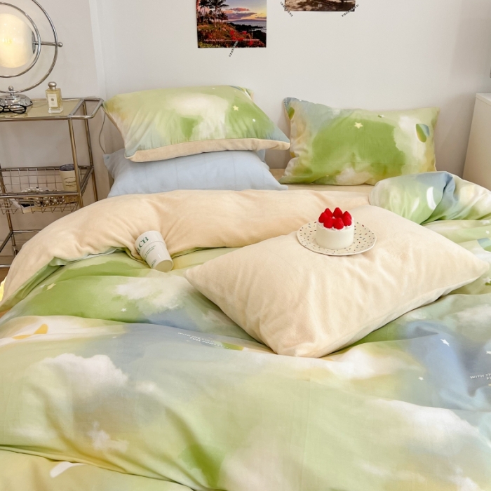 91家纺网 家纺一手货源 找家纺 昔可 2022新款梦幻公主风系列棉加绒印花四件套 绿色星空