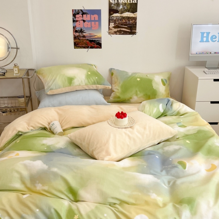 91家纺网 家纺一手货源 找家纺 昔可 2022新款梦幻公主风系列棉加绒印花四件套 绿色星空