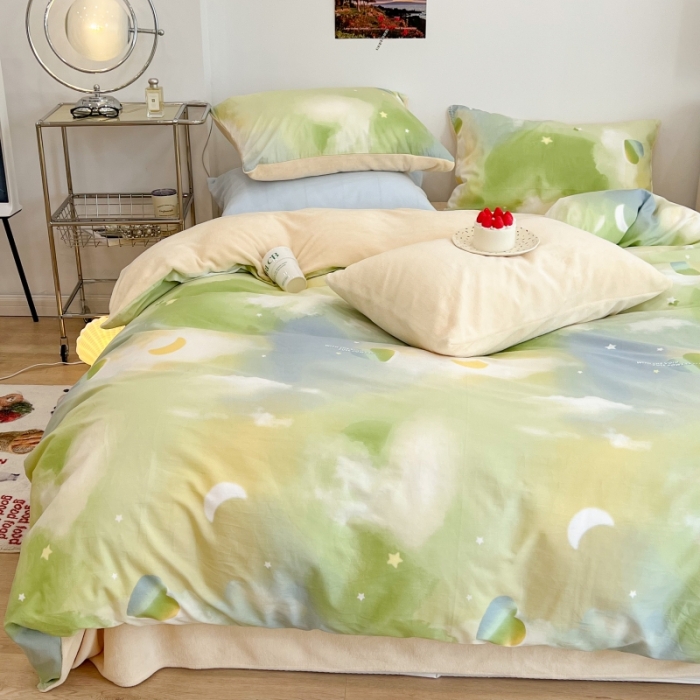 91家纺网 家纺一手货源 找家纺 昔可 2022新款梦幻公主风系列棉加绒印花四件套 绿色星空