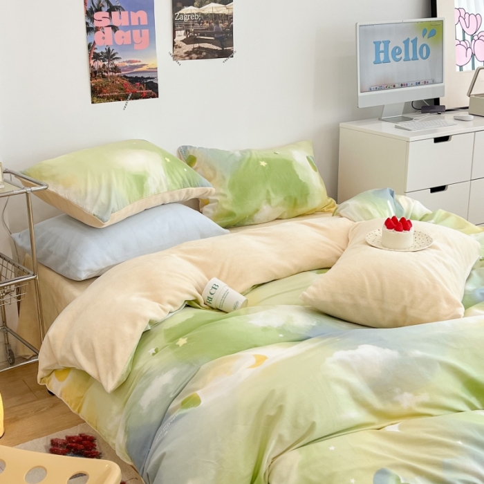 91家纺网 家纺一手货源 找家纺 昔可 2022新款梦幻公主风系列棉加绒印花四件套 绿色星空