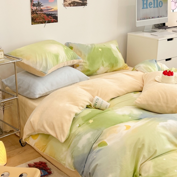 91家纺网 家纺一手货源 找家纺 昔可 2022新款梦幻公主风系列棉加绒印花四件套 绿色星空