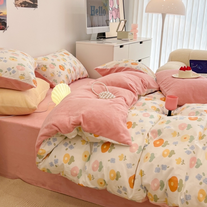 91家纺网 家纺一手货源 找家纺 昔可 2022新款梦幻公主风系列棉加绒印花四件套 梦幻小花花