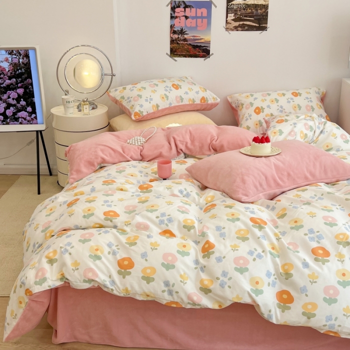 91家纺网 家纺一手货源 找家纺 昔可 2022新款梦幻公主风系列棉加绒印花四件套 梦幻小花花