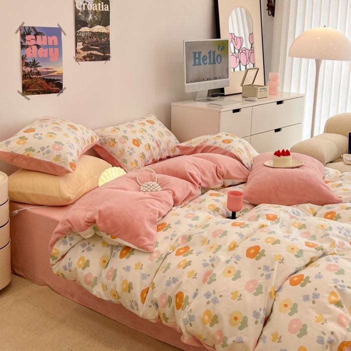 91家纺网 家纺一手货源 找家纺 昔可 2022新款梦幻公主风系列棉加绒印花四件套 梦幻小花花