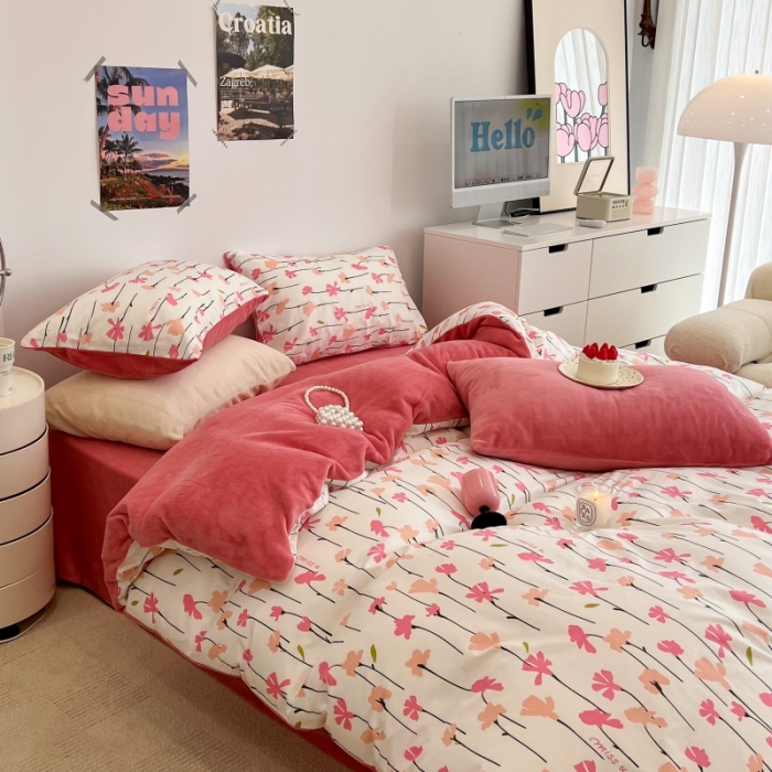 91家纺网 家纺一手货源 找家纺 昔可 2022新款梦幻公主风系列棉加绒印花四件套 蜜桃花园