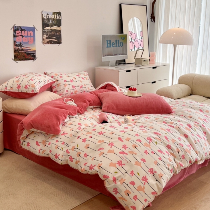 91家纺网 家纺一手货源 找家纺 昔可 2022新款梦幻公主风系列棉加绒印花四件套 蜜桃花园