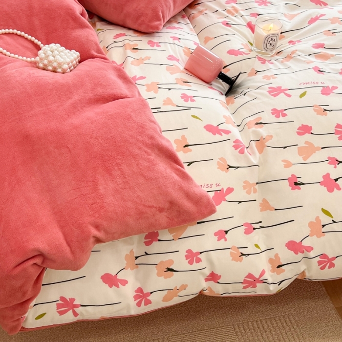 91家纺网 家纺一手货源 找家纺 昔可 2022新款梦幻公主风系列棉加绒印花四件套 蜜桃花园