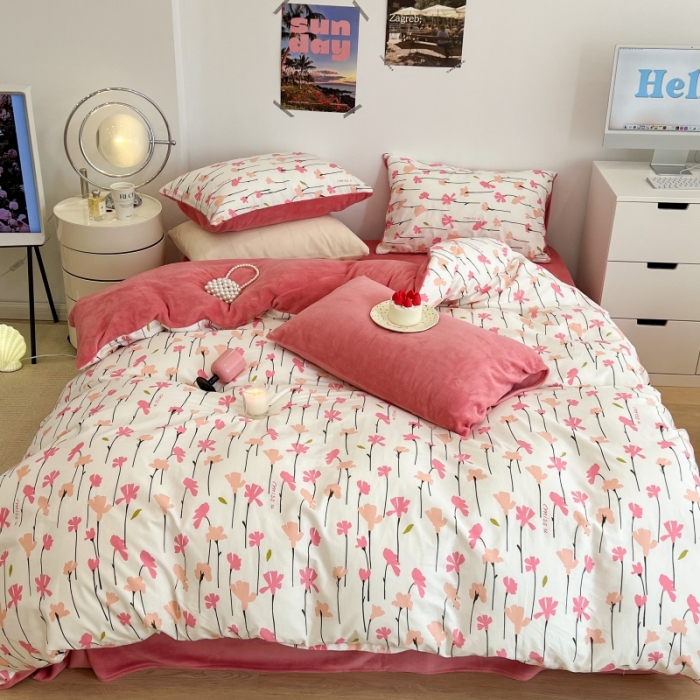 91家纺网 家纺一手货源 找家纺 昔可 2022新款梦幻公主风系列棉加绒印花四件套 蜜桃花园