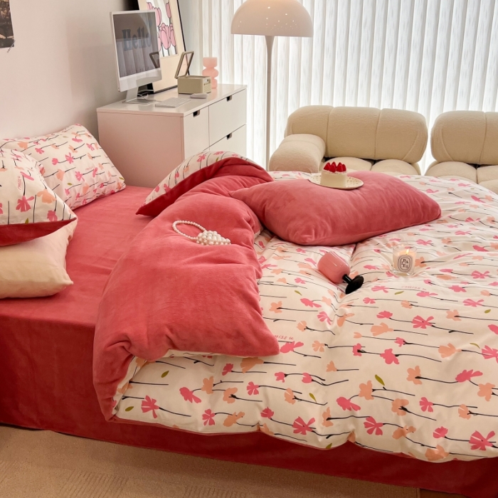 91家纺网 家纺一手货源 找家纺 昔可 2022新款梦幻公主风系列棉加绒印花四件套 蜜桃花园