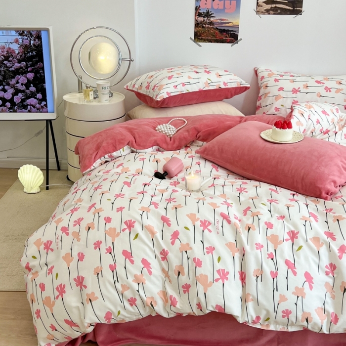 91家纺网 家纺一手货源 找家纺 昔可 2022新款梦幻公主风系列棉加绒印花四件套 蜜桃花园