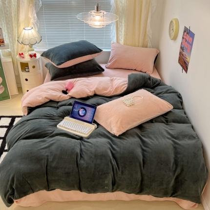 昔可 2022新款奶油双拼系列牛奶绒四件套 高级灰粉