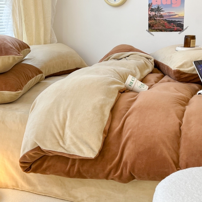 91家纺网 家纺一手货源 找家纺 昔可 2022新款奶油双拼系列牛奶绒四件套 焦糖栗子