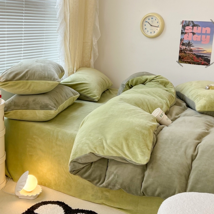 91家纺网 家纺一手货源 找家纺 昔可 2022新款奶油双拼系列牛奶绒四件套 抹茶绿