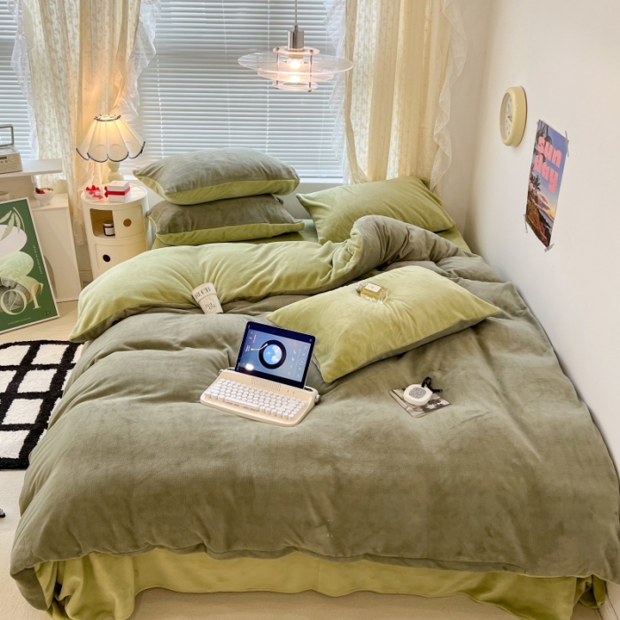 91家纺网 家纺一手货源 找家纺 昔可 2022新款奶油双拼系列牛奶绒四件套 抹茶绿