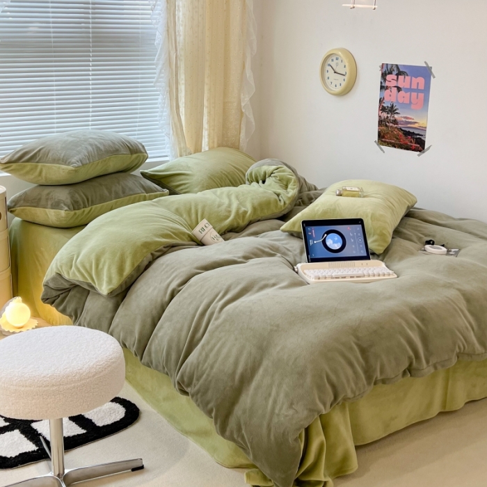 91家纺网 家纺一手货源 找家纺 昔可 2022新款奶油双拼系列牛奶绒四件套 抹茶绿