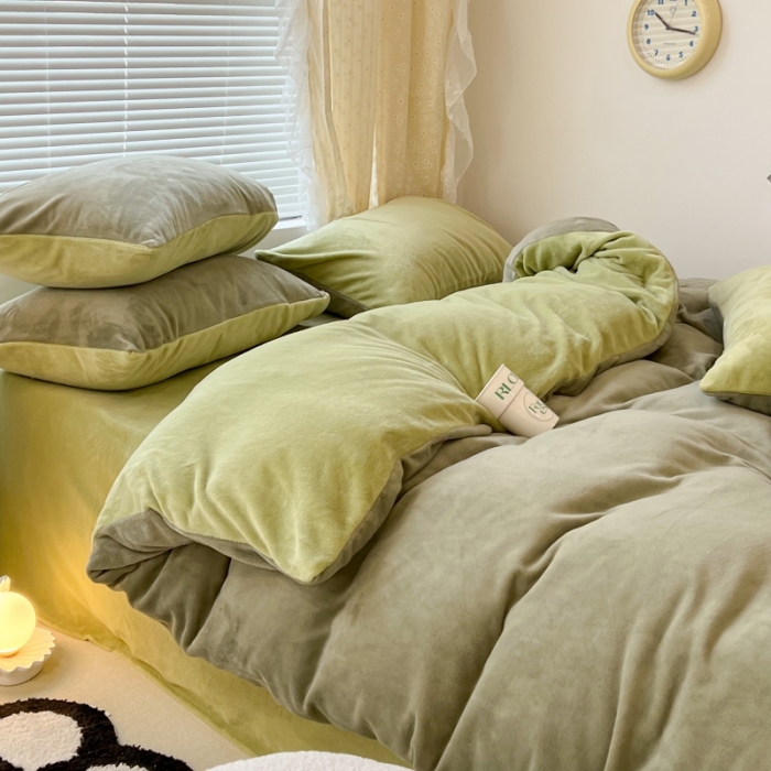 91家纺网 家纺一手货源 找家纺 昔可 2022新款奶油双拼系列牛奶绒四件套 抹茶绿