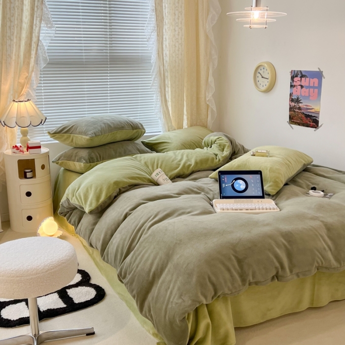 91家纺网 家纺一手货源 找家纺 昔可 2022新款奶油双拼系列牛奶绒四件套 抹茶绿