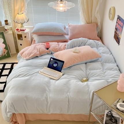 昔可 2022新款奶油双拼系列牛奶绒四件套 奶酥蓝粉