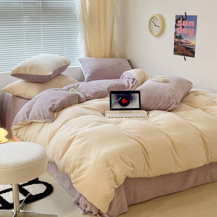 91家纺网 家纺一手货源 找家纺 昔可 2022新款奶油双拼系列牛奶绒四件套 奶缇米紫