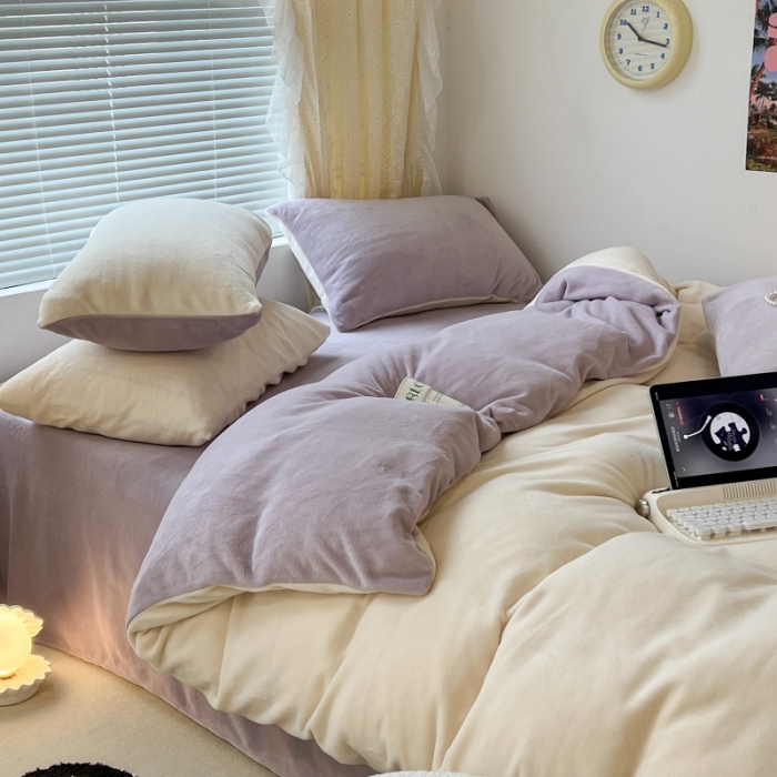 91家纺网 家纺一手货源 找家纺 昔可 2022新款奶油双拼系列牛奶绒四件套 奶缇米紫