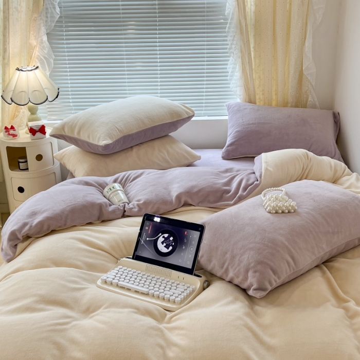 91家纺网 家纺一手货源 找家纺 昔可 2022新款奶油双拼系列牛奶绒四件套 奶缇米紫