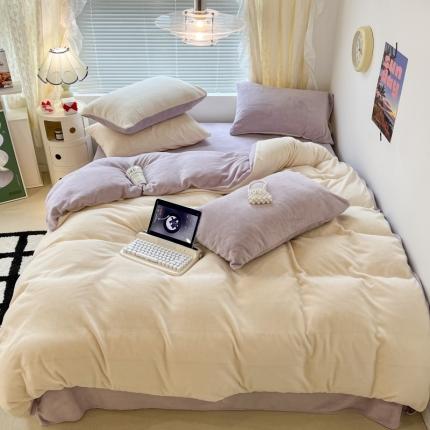 昔可 2022新款奶油双拼系列牛奶绒四件套 奶缇米紫