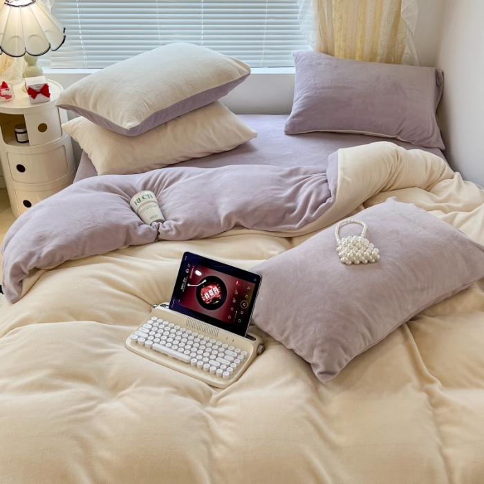 91家纺网 家纺一手货源 找家纺 昔可 2022新款奶油双拼系列牛奶绒四件套 奶缇米紫