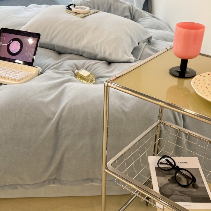 91家纺网 家纺一手货源 找家纺 昔可 2022新款奶油双拼系列牛奶绒四件套 奶香雾蓝