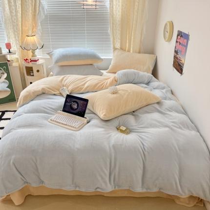 昔可 2022新款奶油双拼系列牛奶绒四件套 奶油蓝拼黄