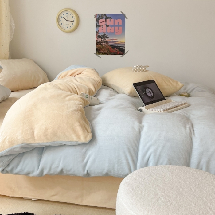 91家纺网 家纺一手货源 找家纺 昔可 2022新款奶油双拼系列牛奶绒四件套 奶油蓝拼黄