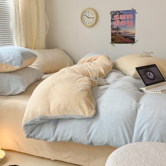 91家纺网 家纺一手货源 找家纺 昔可 2022新款奶油双拼系列牛奶绒四件套 奶油蓝拼黄