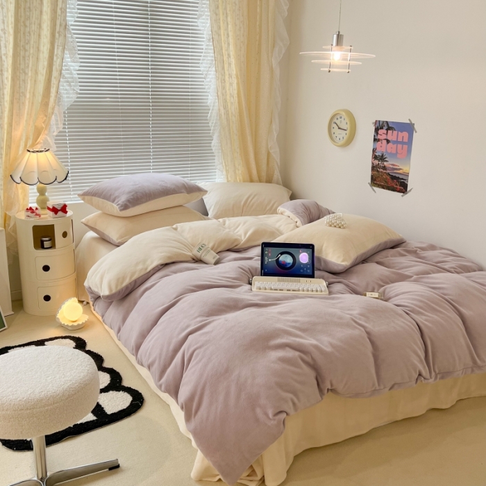 91家纺网 家纺一手货源 找家纺 昔可 2022新款奶油双拼系列牛奶绒四件套 奶油紫