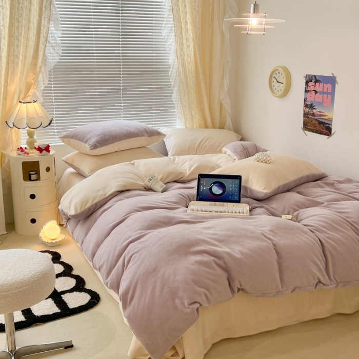 91家纺网 家纺一手货源 找家纺 昔可 2022新款奶油双拼系列牛奶绒四件套 奶油紫