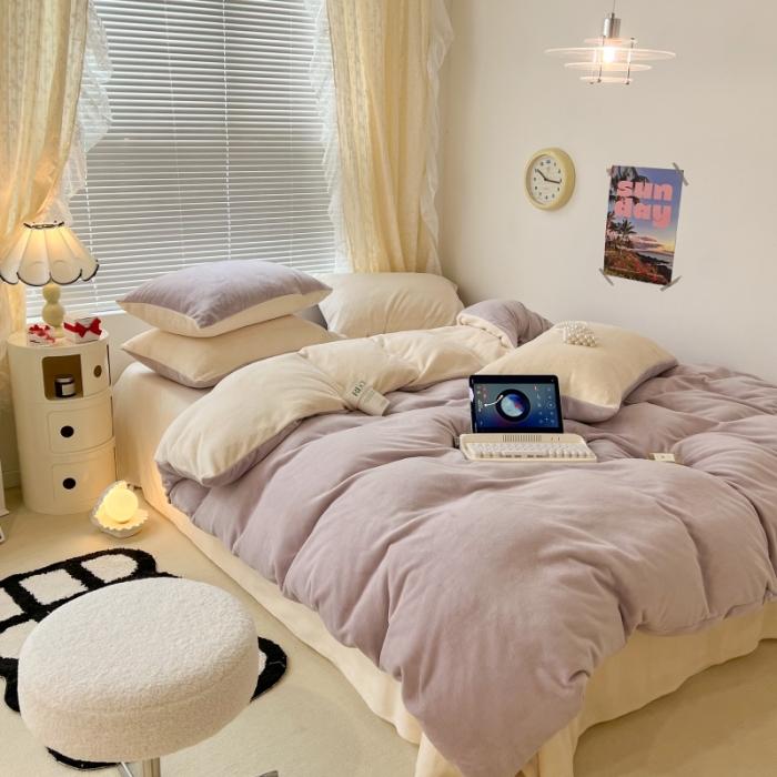 91家纺网 家纺一手货源 找家纺 昔可 2022新款奶油双拼系列牛奶绒四件套 奶油紫