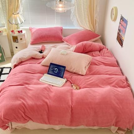 昔可 2022新款奶油双拼系列牛奶绒四件套 树莓红拼粉