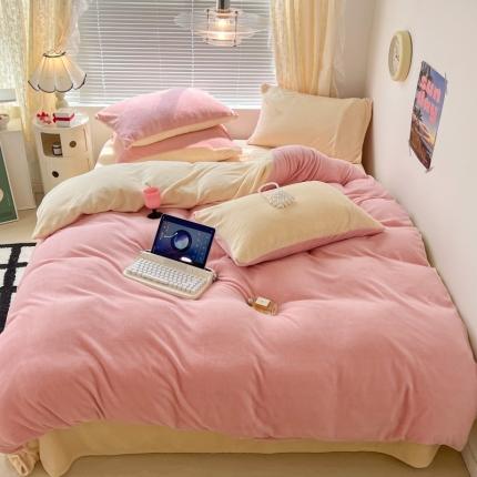 昔可 2022新款奶油双拼系列牛奶绒四件套 甜心粉