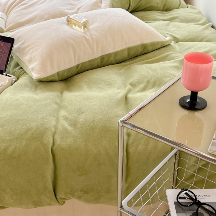 91家纺网 家纺一手货源 找家纺 昔可 2022新款奶油双拼系列牛奶绒四件套 香柠果绿