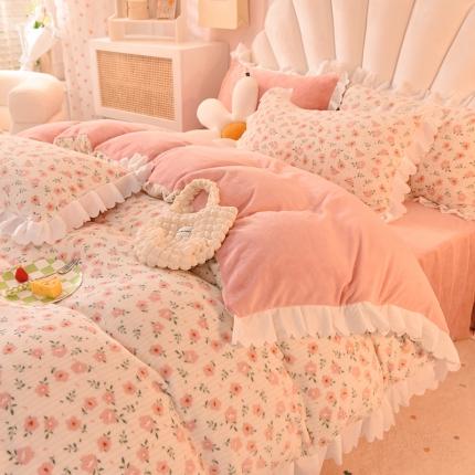 91家纺网 家纺一手货源 找家纺 金盛皇朝新款牛奶水晶宝宝绒韩版荷叶边床裙款四件套云梦花间