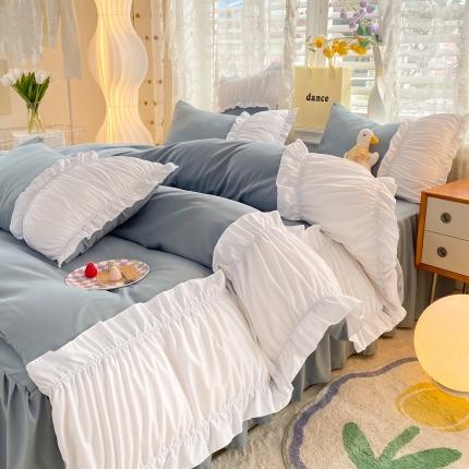 91家纺网 家纺一手货源 找家纺 （总）2023新韩版水洗棉公主风单层荷叶边拼色千层雪四件套