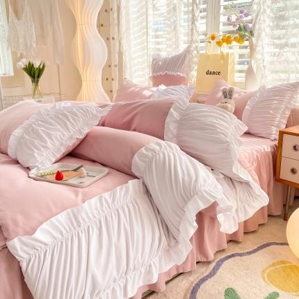 91家纺网 家纺一手货源 找家纺 （总）2023新韩版水洗棉公主风单层荷叶边拼色千层雪四件套